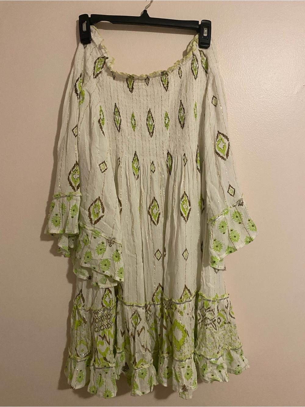 Ranees Boho White & Lime Embroidered Peasant Dress